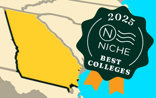 2025 Niche Best Colleges badge over map of Georgia
