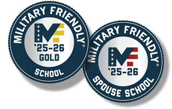 Military Friendly Gold School and Military Spouse Friendly School badges for 2025-26
